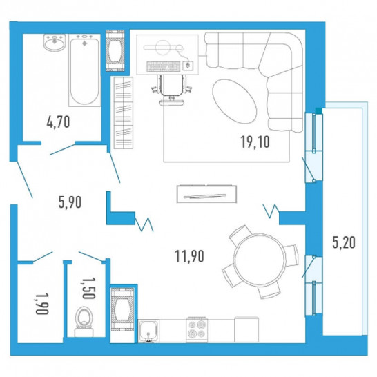 Однокомнатная квартира 47.6 м²