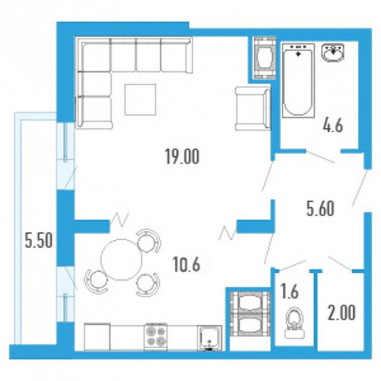 Однокомнатная квартира 47.7 м²