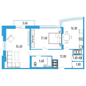 Двухкомнатная квартира 80.1 м²