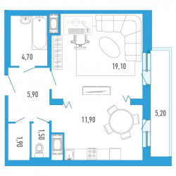 Однокомнатная квартира 47.6 м²
