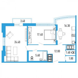Двухкомнатная квартира 80.1 м²